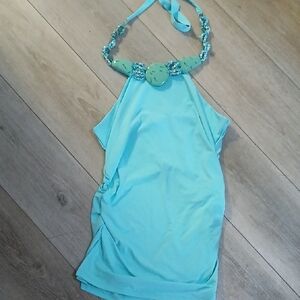 Boston Proper Aqua Mint Halter Top with Embellished Neckline